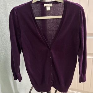 Loft Medium V-Neck Purple Button Up Sweater 3/4 Sleeve